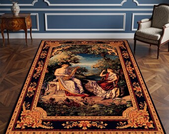 Vintage Tapestry Area Rug, Classical Garden Musicians Scene, French Baroque Border Carpet for Living Room Bedroom Elegant Decor Home