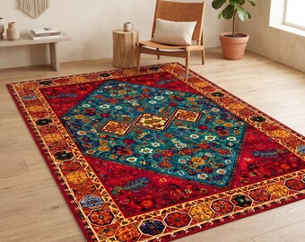 Colorful Boho Anatolian Pattern Printed Rug: Teal Red Carpet, Non-Slip Machine-Machine Washable