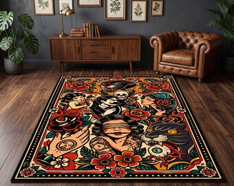 Tattoo Flash Rug, Panther Skull Carpet, Old School Traditional Tattoo Decor, Rockabilly Gothic Area Rug