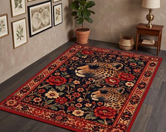 Leopard Wildlife Rug: Black Red Floral Carpet, Spotted Animal Portrait, Bold Botanical Folk Decor
