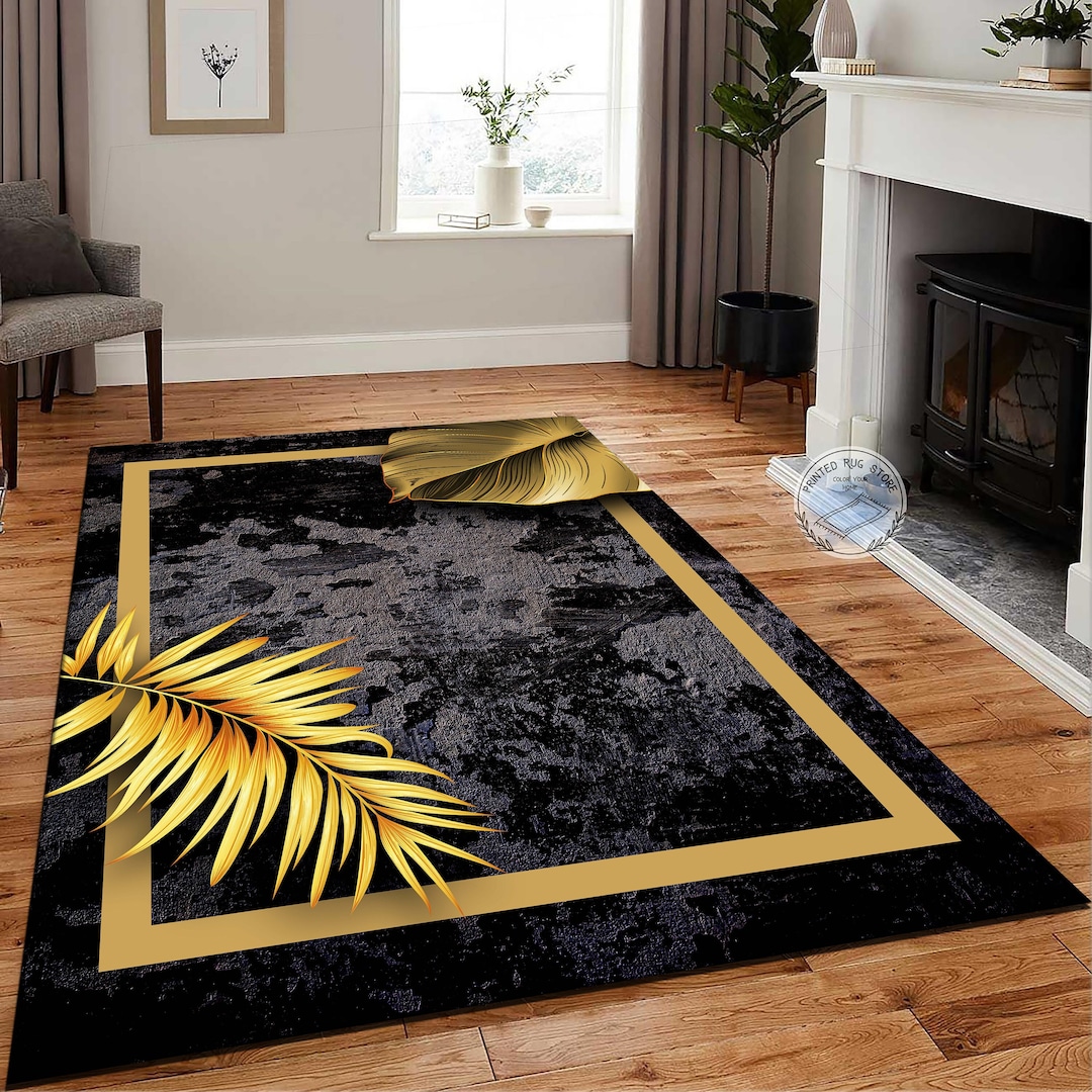 Black and Gold Leaf Patterned Modern Rug, Bedroom Bedside Luxury Rug