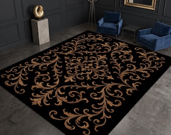 Noir Baroque Ornate Rug – Elegant Black and Gold Carpet with Vintage Scrollwork, Classic Gothic Luxury Rug for Living Room Decor