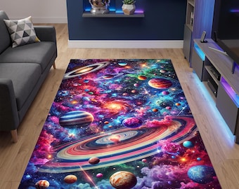Galaxy Gamermatta, Färgglad Rymdplanetmatta för Spelrum, Tvättbar Kosmisk Universumsmatta med Neonstjärnor för Gamer Sovrumsinredning