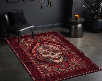 Skull Rug, Moody Rug For Gothic Home Decor, Sugar Skull Bloom Rug, Dark Red Gothic Rug For Dark Academia Decor, Horror Rug, Halloween Rug
