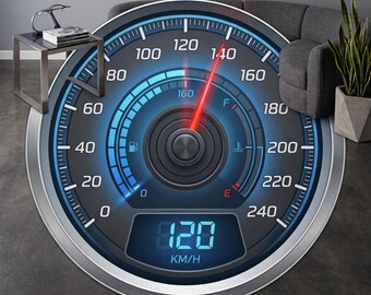Hastighetsmätare 120 mph rund matta, bilentusiastpresent, racingrumsinredning, garagematta, modern rund matta i bilstil