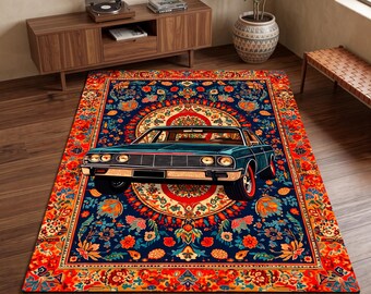 Classic Car Area Rug, Car Carpet, Retro Automobile Rug, Colorful Floral Medallion Rug, Garage Man Cave Living Room Decor
