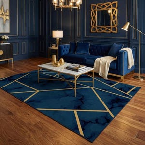 Tappeto in marmo blu e oro, tappeto geometrico moderno, lavabile