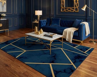 Alfombra de mármol azul y dorado, moderna y geométrica, lavable.