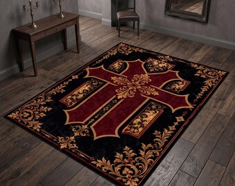 Gothic Cross Area Rug: Burgundy Black Christian Design, Ornate Gold Baroque Washable Cathedral Decor