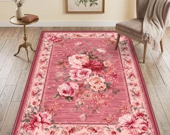 Romantisk rosa vintage blommig rosmatta med mjukt botaniskt mönster, elegant stugstilmatta för sovrum och vardagsrum