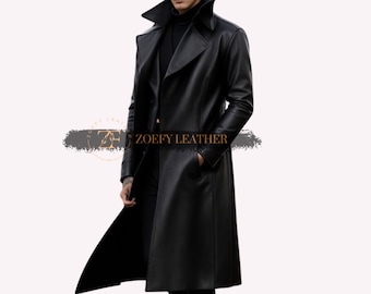 Genuine Leather Men's Duster Coat: Handmade Soft Winter Trench