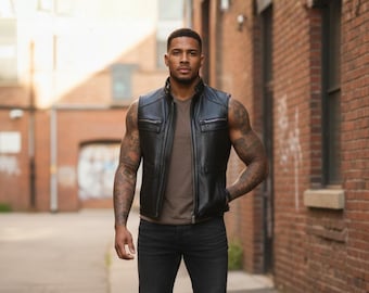 Handmade Black Sheep Leather Biker Vest, Gift For Him