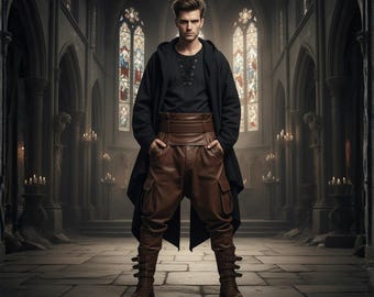Brown Leather Medieval Pants | Men's LARP Steampunk Cargo Trousers