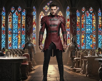 Handmade Genuine Leather Armored Coat | Red & Black Fantasy Costume