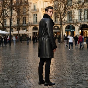 Handmade Genuine Leather Shearling Trench Coat - Winter Fur Coat image 5