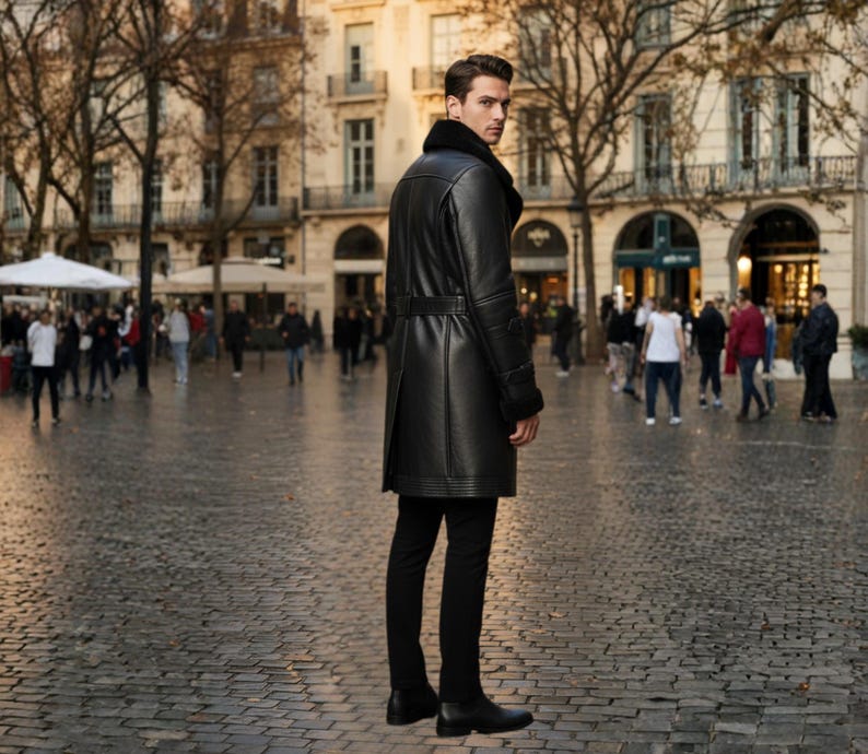 Handmade Genuine Leather Shearling Trench Coat - Winter Fur Coat image 5