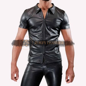 Genuine Leather Men&#39;s Half Sleeve Shirt: Handmade Zipper Shirt