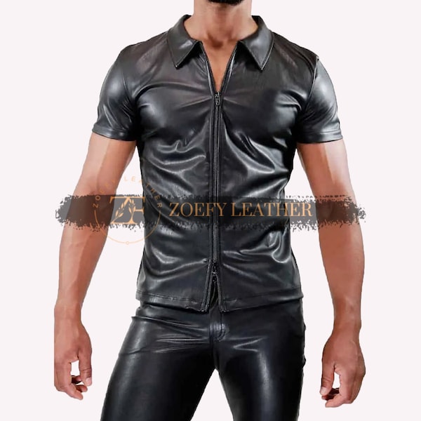 Chemise homme en cuir véritable à manches longues - Chemise formelle faite main - Chemise décontractée - Chemise en cuir pour homme - Chemise de sport