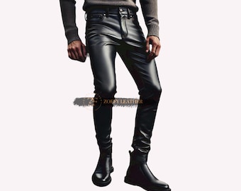 Leren zwarte ruiterbroek heren-handgemaakte slim-fit broek-biker-broek-feestkleding-broek-casual broek voor heren
