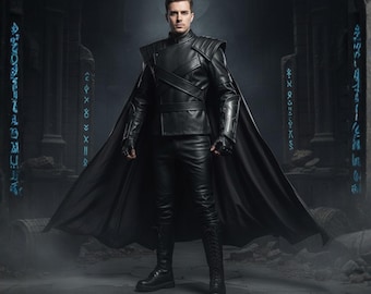 May include: A black leather-like costume set featuring a structured jacket with crisscross chest straps, matching fitted trousers, a long flowing cape, and forearm gauntlets. The ensemble includes fingerless gloves and tall black boots.