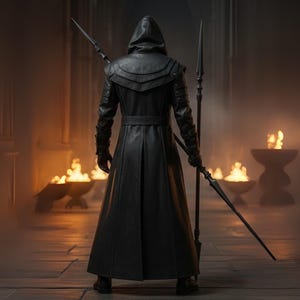 May include: A person in a black hooded leather coat, holding two spears, stands in a dimly lit room. The coat has a belt and decorative shoulder accents. Flames burn in decorative bowls, casting an orange glow.