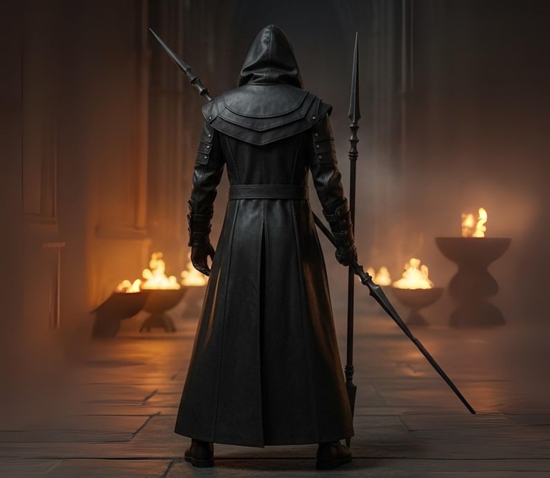 May include: A person in a black hooded leather coat, holding two spears, stands in a dimly lit room. The coat has a belt and decorative shoulder accents. Flames burn in decorative bowls, casting an orange glow.
