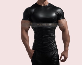 Echt leren herenshirt met halve mouw, handgemaakt leren slimfit shirt, zwart leren T-shirt, cadeau voor hem