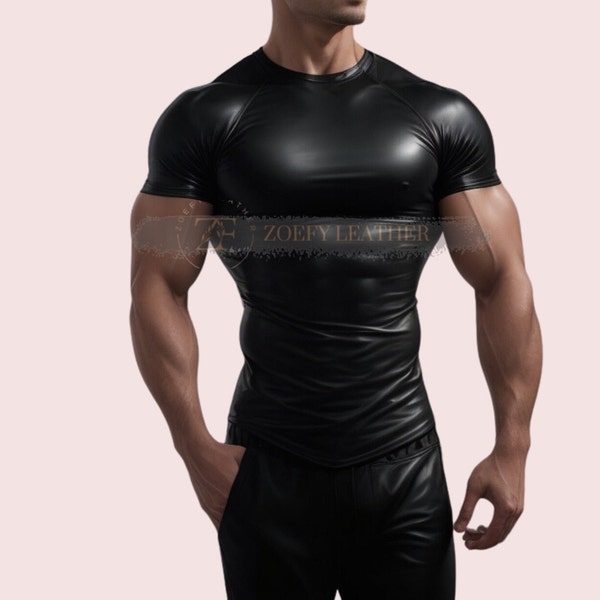 Chemise homme en cuir véritable, demi-manches, chemise slim fit en cuir faite main, t-shirt en cuir noir, cadeau pour lui
