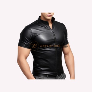 Genuine Leather Men's Half Sleeve Shirt, Handmade Leather Shirt, Black Leather T-Shirt, Gift for Him