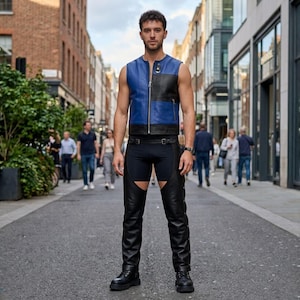Blue Leather Vest Black Open Back Chaps Mens Biker Rave Outfit.