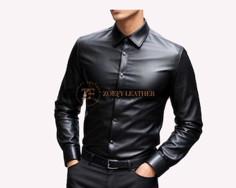 Camicia in vera pelle: vestibilità slim nera a maniche lunghe, casual