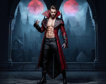 Genuine Leather Gothic Vampire Costume: Red & Black Coat, Slimfit Pants