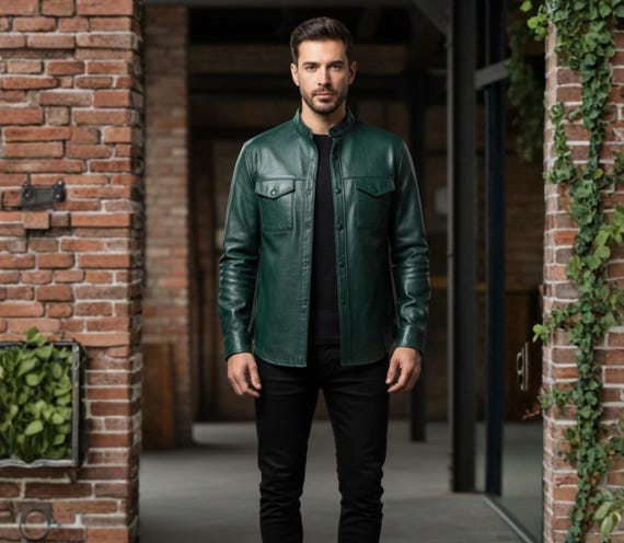 Genuine Green Leather Shirt for Men, Real Leather Overshirt, Biker Style Gift.