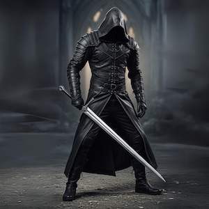 May include: A black leather hooded coat with a long, flowing design. The coat features intricate stitching and a series of buckles. The figure is holding a silver sword with a detailed hilt. The background is a dark, gothic-style hallway.