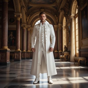 Puede incluir: Una persona con un abrigo largo blanco con botones dorados, pantalones a juego y zapatos blancos. El abrigo tiene un cuello alto y un corte entallado. La persona est&aacute; de pie en un gran sal&oacute;n con suelos de m&aacute;rmol y arquitectura ornamentada.