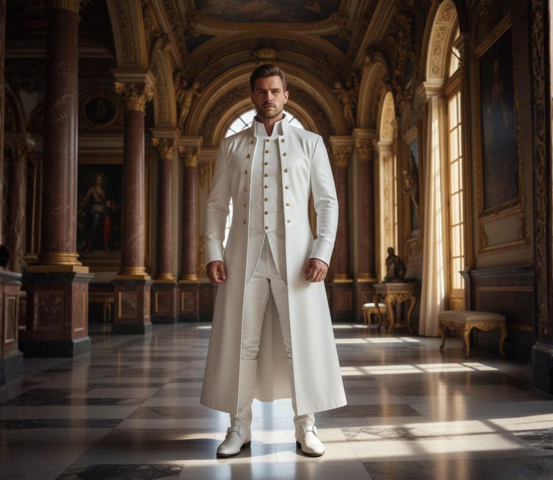 Puede incluir: Una persona con un abrigo largo blanco con botones dorados, pantalones a juego y zapatos blancos. El abrigo tiene un cuello alto y un corte entallado. La persona est&aacute; de pie en un gran sal&oacute;n con suelos de m&aacute;rmol y arquitectura ornamentada.