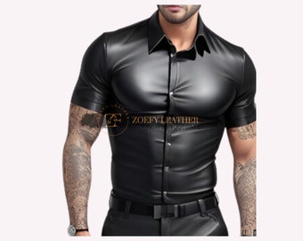 Real Sheep Leather Men's Slim Fit Shirt: Handmade Biker Style.