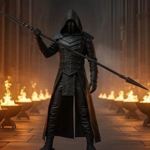 May include: A figure in black leather armour and a hooded cloak, holding a spear. The armour features layered plates and a mask. The background shows flames in bowls, creating a dramatic, fantasy-themed scene.