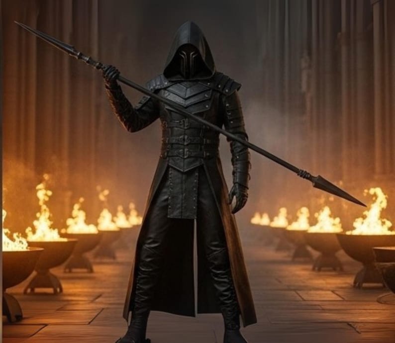 May include: A figure in black leather armor and a hooded cloak, holding a spear. The armor features layered plates and a mask. The background shows flames in bowls, creating a dramatic, fantasy-themed scene.