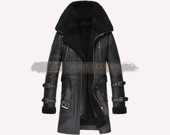 Echtes Leder Shearling Langer Mantel, Handgefertigter Leder Herrenmantel, Lederpelz Trenchcoat, Wintermantel