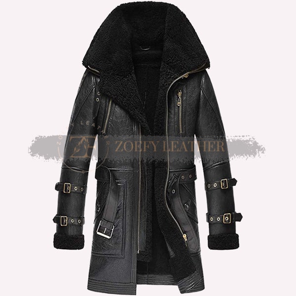 Echtes Leder Shearling Langer Mantel, Handgefertigter Leder Herrenmantel, Lederpelz Trenchcoat, Wintermantel