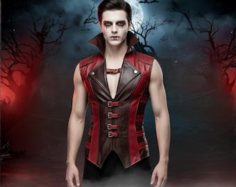 Genuine Leather Vampire Vest | Red & Brown Gothic Costume for Men | Fantasy Cosplay Outfit.