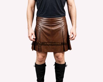 Genuine Leather Brown Kilt: Handmade Pleated Warrior Costume