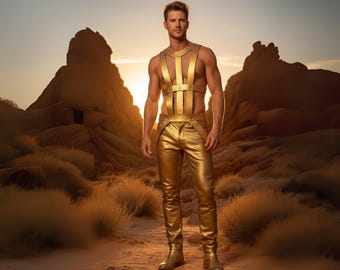 Genuine Leather Light Golden Men's Outfit | Festival Rave Costume