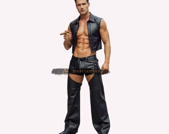 Men's Black Leather Chaps Outfit: Rave Festival Costume Vest Set