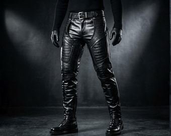 Black Leather Chaps Men Open Back Gothic Punk Clubwear Outfit.