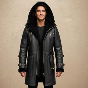 Handmade Genuine Leather Shearling Trench Coat - Winter Fur Coat image 7