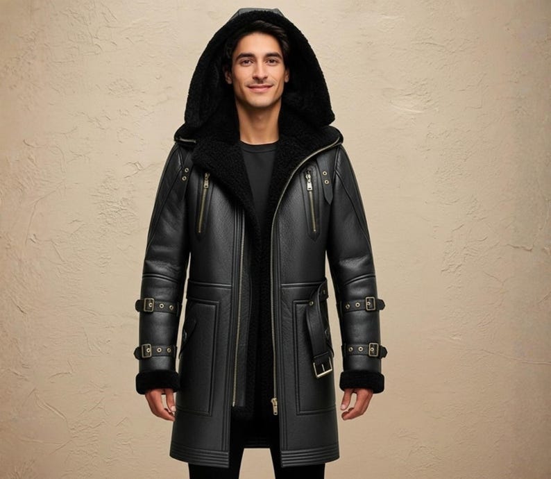 Handmade Genuine Leather Shearling Trench Coat - Winter Fur Coat image 7