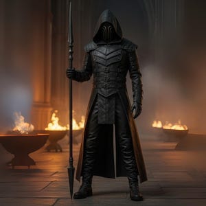 May include: A figure in a black hooded cloak and mask, holding a spear. The outfit features leather armor and gloves. The background shows a dimly lit hall with fire bowls, creating a mysterious and fantasy-themed aesthetic.