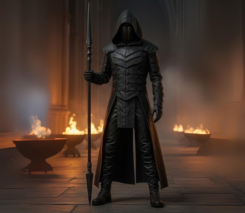 May include: A figure in a black hooded cloak and mask, holding a spear. The outfit features leather armor and gloves. The background shows a dimly lit hall with fire bowls, creating a mysterious and fantasy-themed aesthetic.